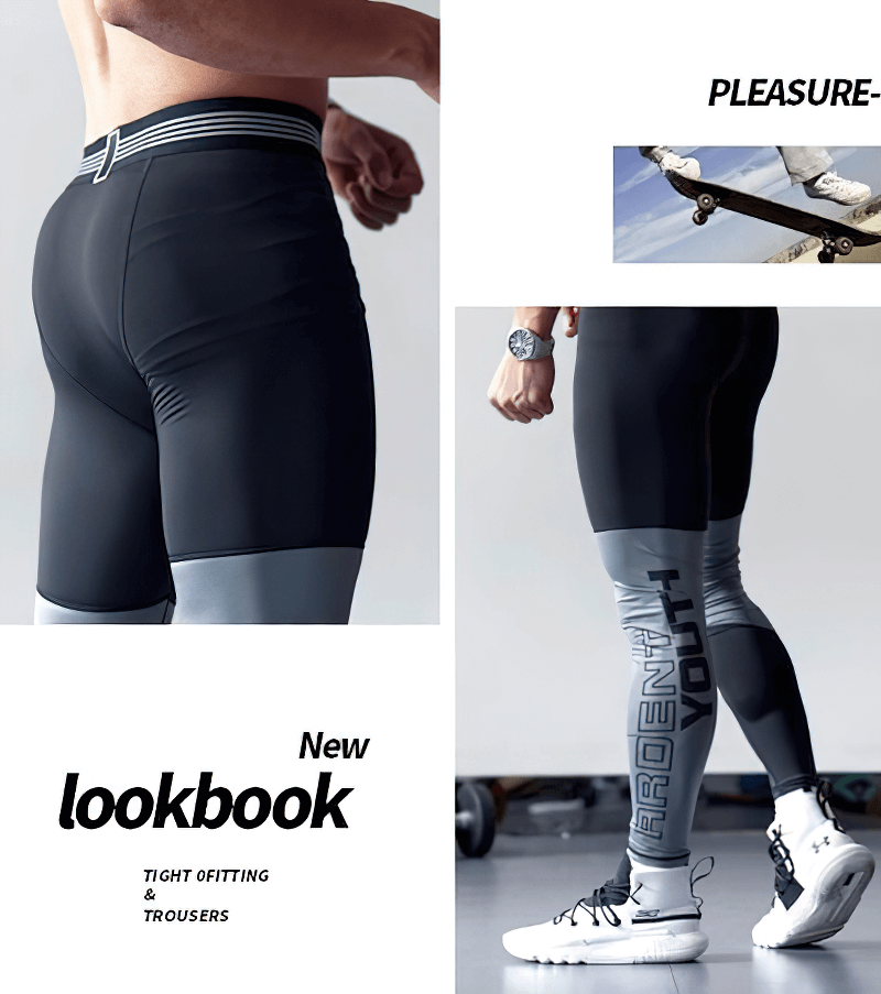 Athletic quick-drying compression tights for men, featuring stylish gray/black design, perfect for sports, running, fitness, bodybuilding.